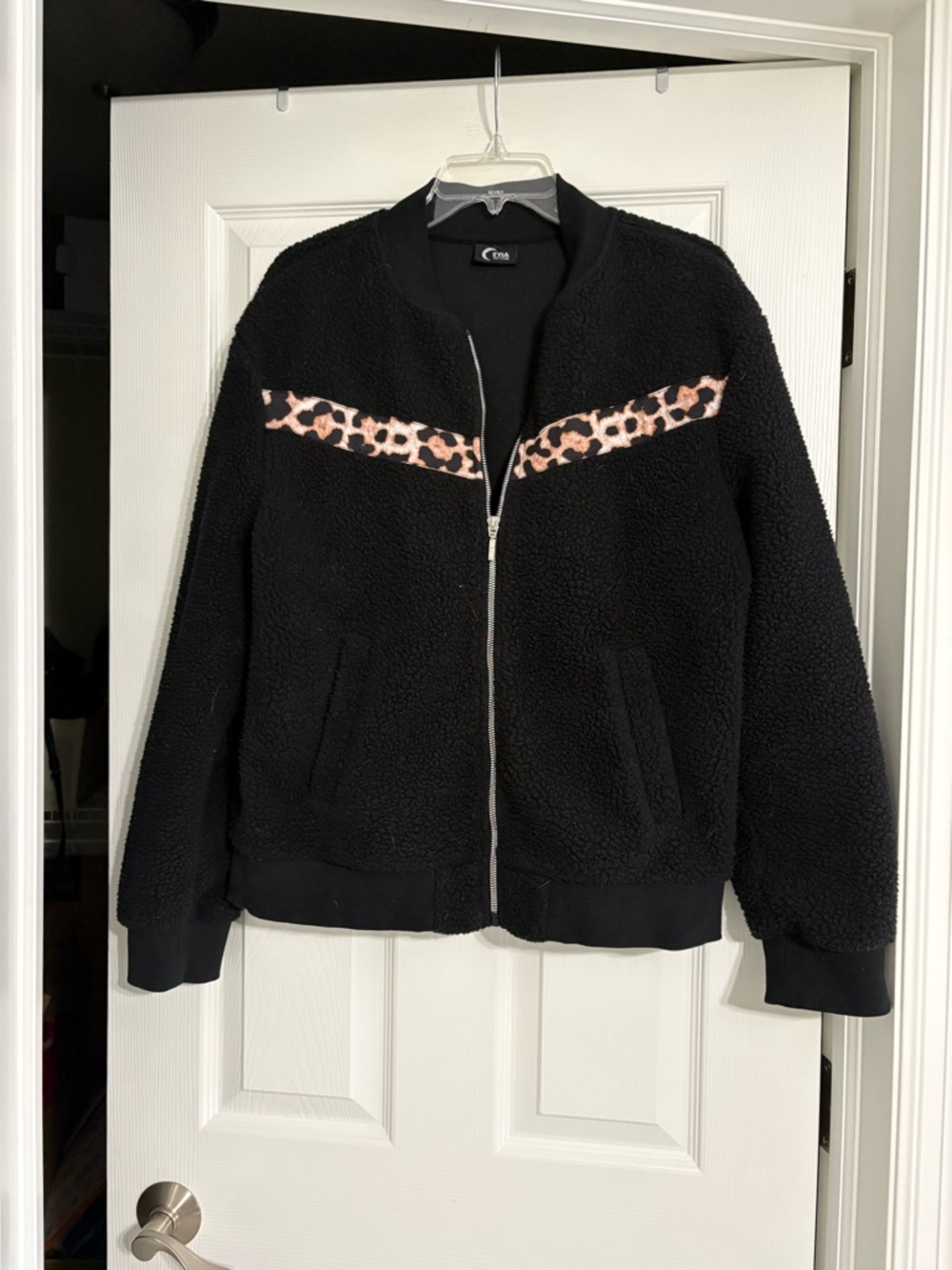 ZYIA Black Sherpa Bomber Jacket with Leopard Stripe